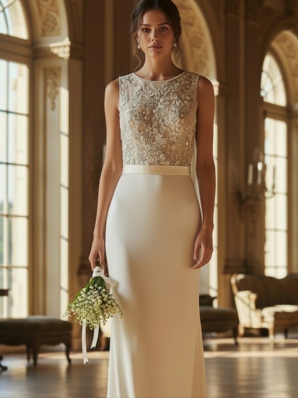 NWOT Tara Keely Cream Lace-Bodice Sheath Wedding Gown - Size 12